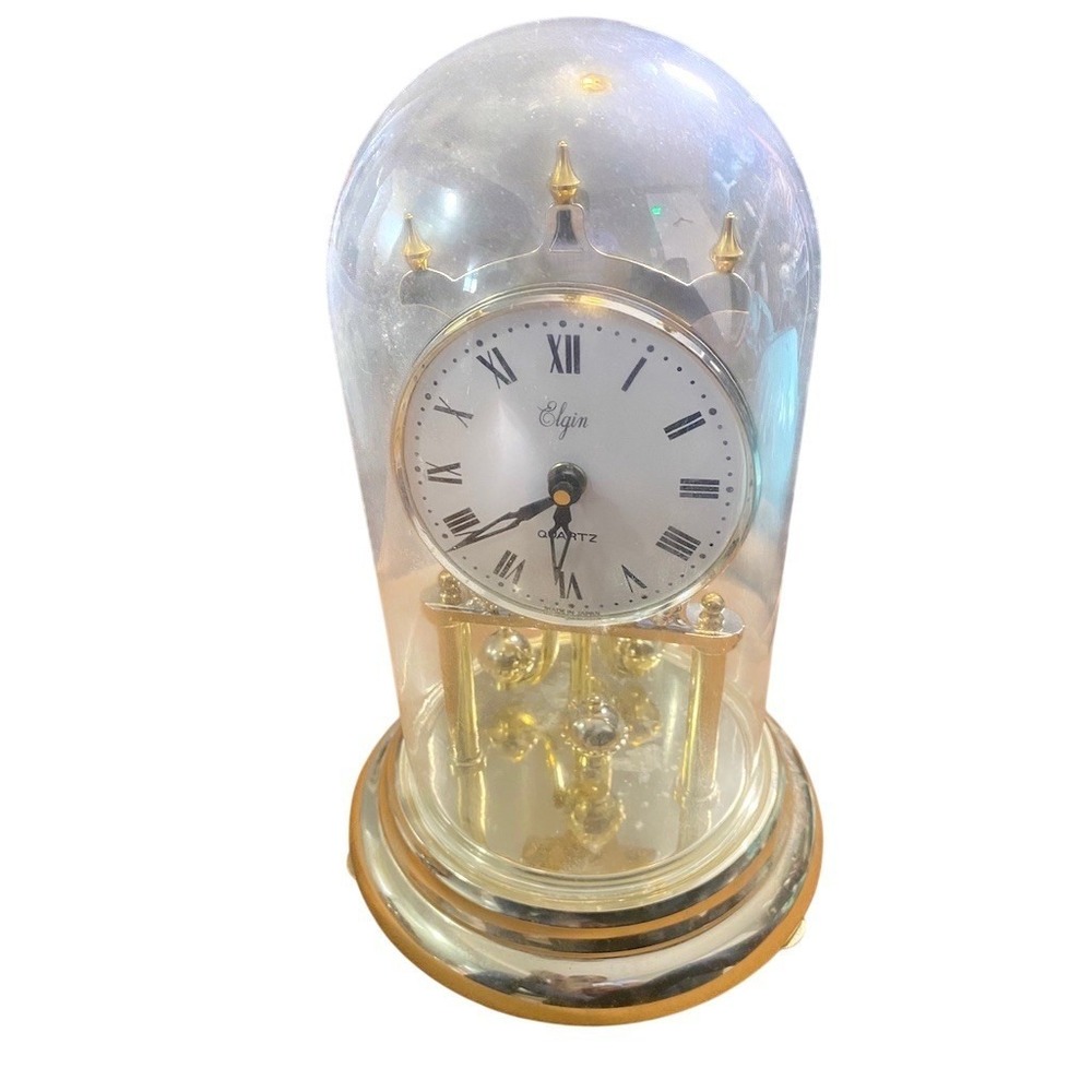 Elgin Quartz Anniversary‎ Torsion Dome Clock Gold Rotating Pendulum Roman